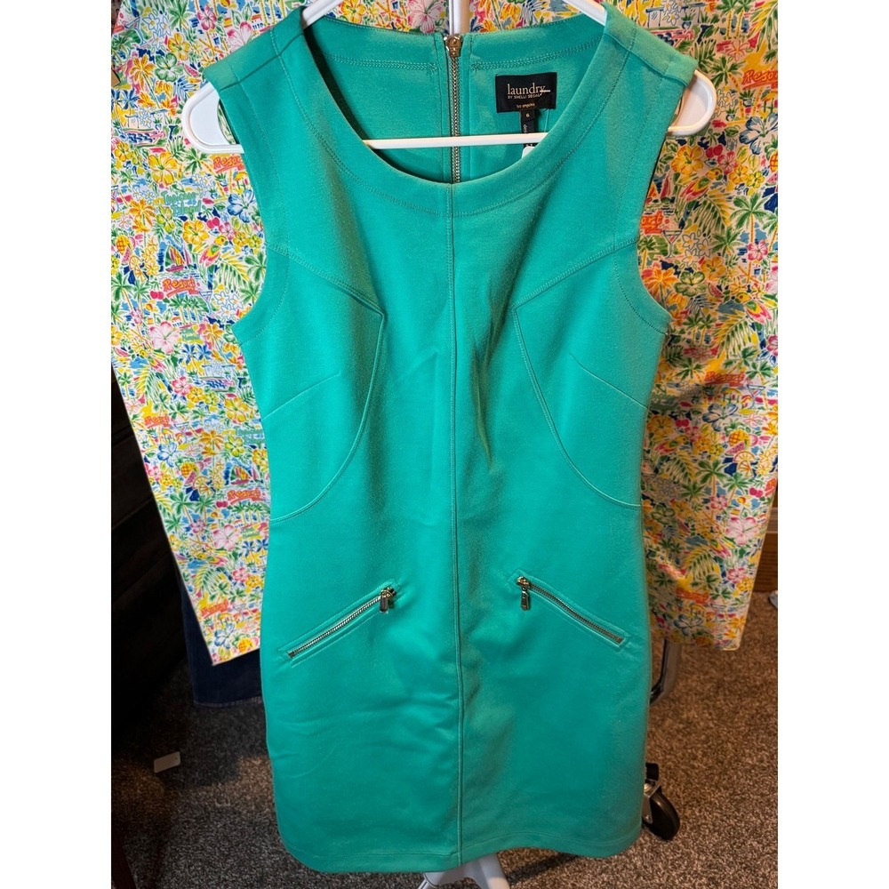 123 Laundry by Shelli Segal Teal Green Sleeveless Sheath Dress Gold Zip Pocket 6